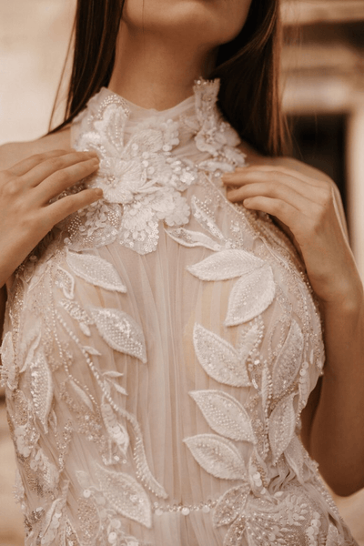 Ivory High Neck Halter Lace Wedding Dress - Open Back Mermaid Wedding Dress with Floral Embroidery Plus Size - LOONA - WonderlandByLilian