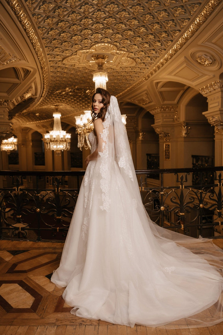 Ivory Lace A - Line Wedding Dress with Cape – Sleeveless Wedding Dress with Sheer Corset and Chantilly Lace Plus Size – JOSEPHINE - WonderlandByLilian
