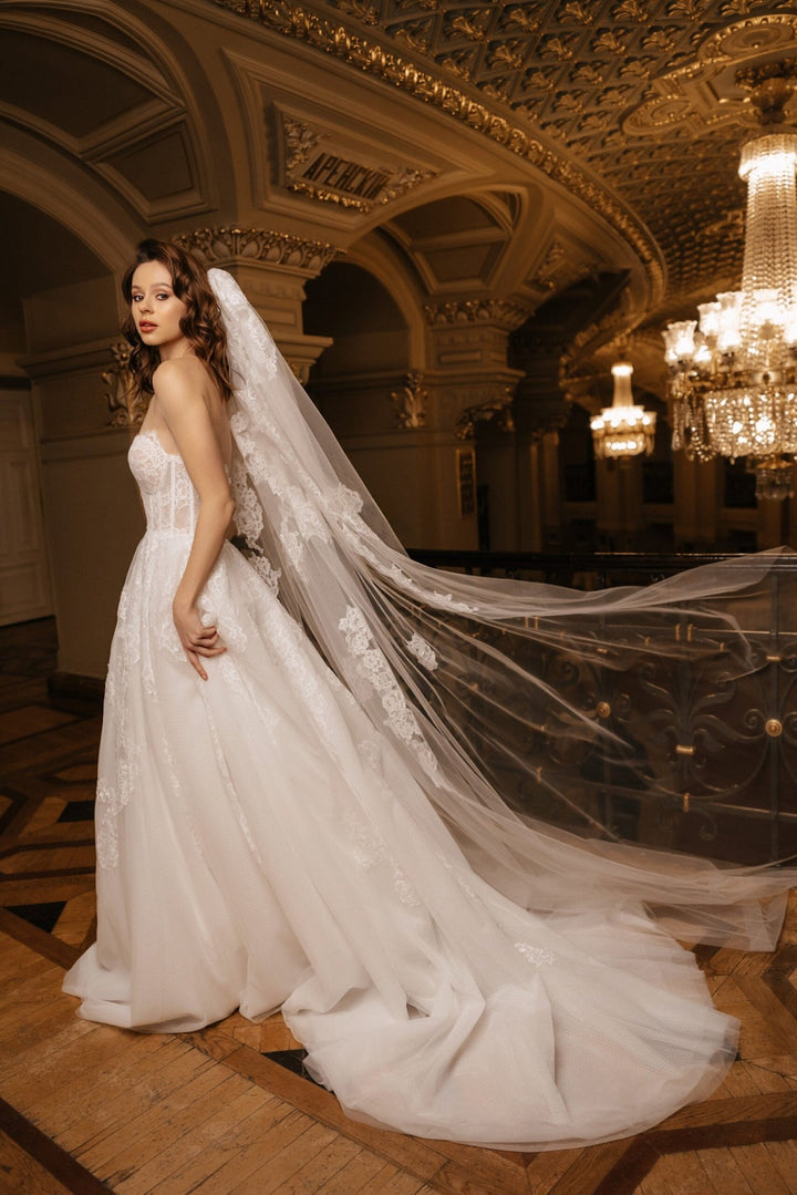 Ivory Lace A - Line Wedding Dress with Cape – Sleeveless Wedding Dress with Sheer Corset and Chantilly Lace Plus Size – JOSEPHINE - WonderlandByLilian