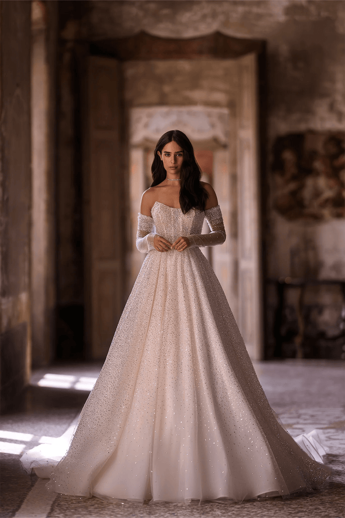 lace strapless a line wedding dress Ivory A-Line with Convertible Off-the-Shoulder Sleeves – Wedding Dress with Sequin and Long Train Plus Size Size 6 Sizes:3m Season: Fall 2024 this gown offers both Blythe Pastel Violet Maxi