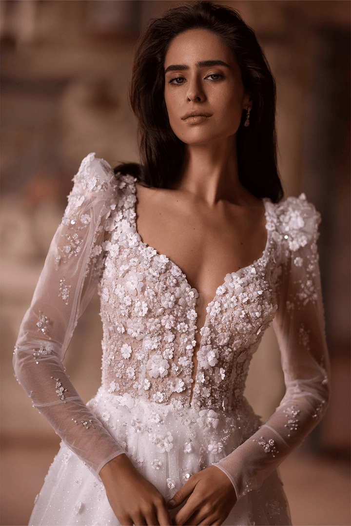 Ivory Lace A - Line Wedding Dress with Floral Embellishments – Long Sleeves Wedding Gown with Delicate Floral Detailing Plus Size - WonderlandByLilian