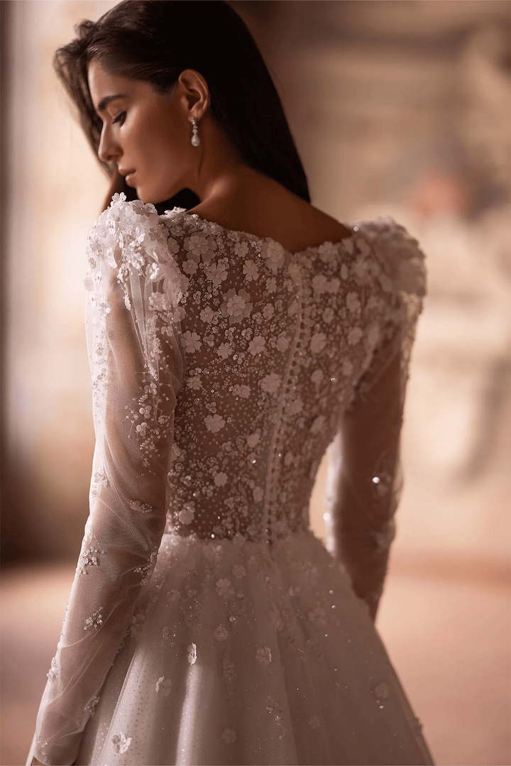 Ivory Lace A - Line Wedding Dress with Floral Embellishments – Long Sleeves Wedding Gown with Delicate Floral Detailing Plus Size - WonderlandByLilian