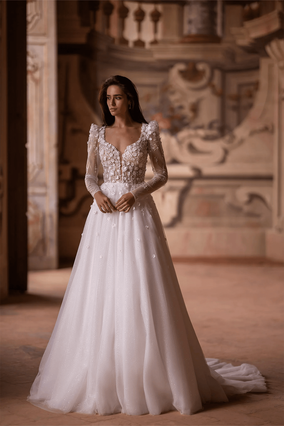 Ivory Lace A - Line Wedding Dress with Floral Embellishments – Long Sleeves Wedding Gown with Delicate Floral Detailing Plus Size - WonderlandByLilian