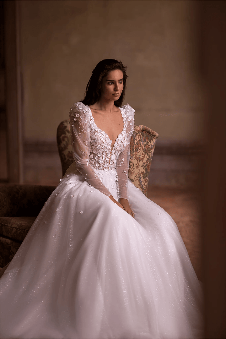 Ivory Lace A - Line Wedding Dress with Floral Embellishments – Long Sleeves Wedding Gown with Delicate Floral Detailing Plus Size - WonderlandByLilian