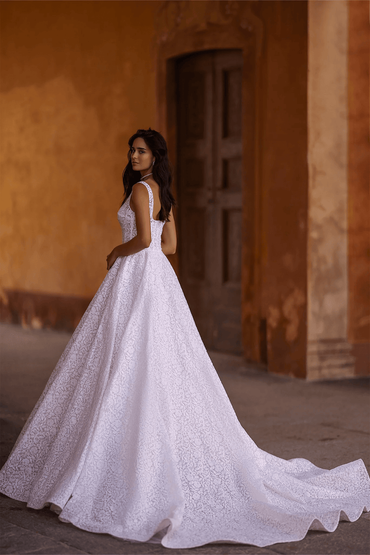 Ivory Lace A - Line Wedding Dress with Long Train and Magnificent Veil – Timeless Wedding Gown with Lace Detailing Plus Size - WonderlandByLilian