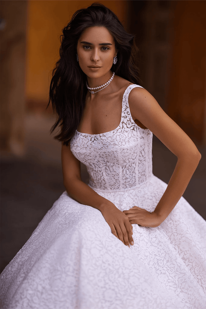 Ivory Lace A - Line Wedding Dress with Long Train and Magnificent Veil – Timeless Wedding Gown with Lace Detailing Plus Size - WonderlandByLilian