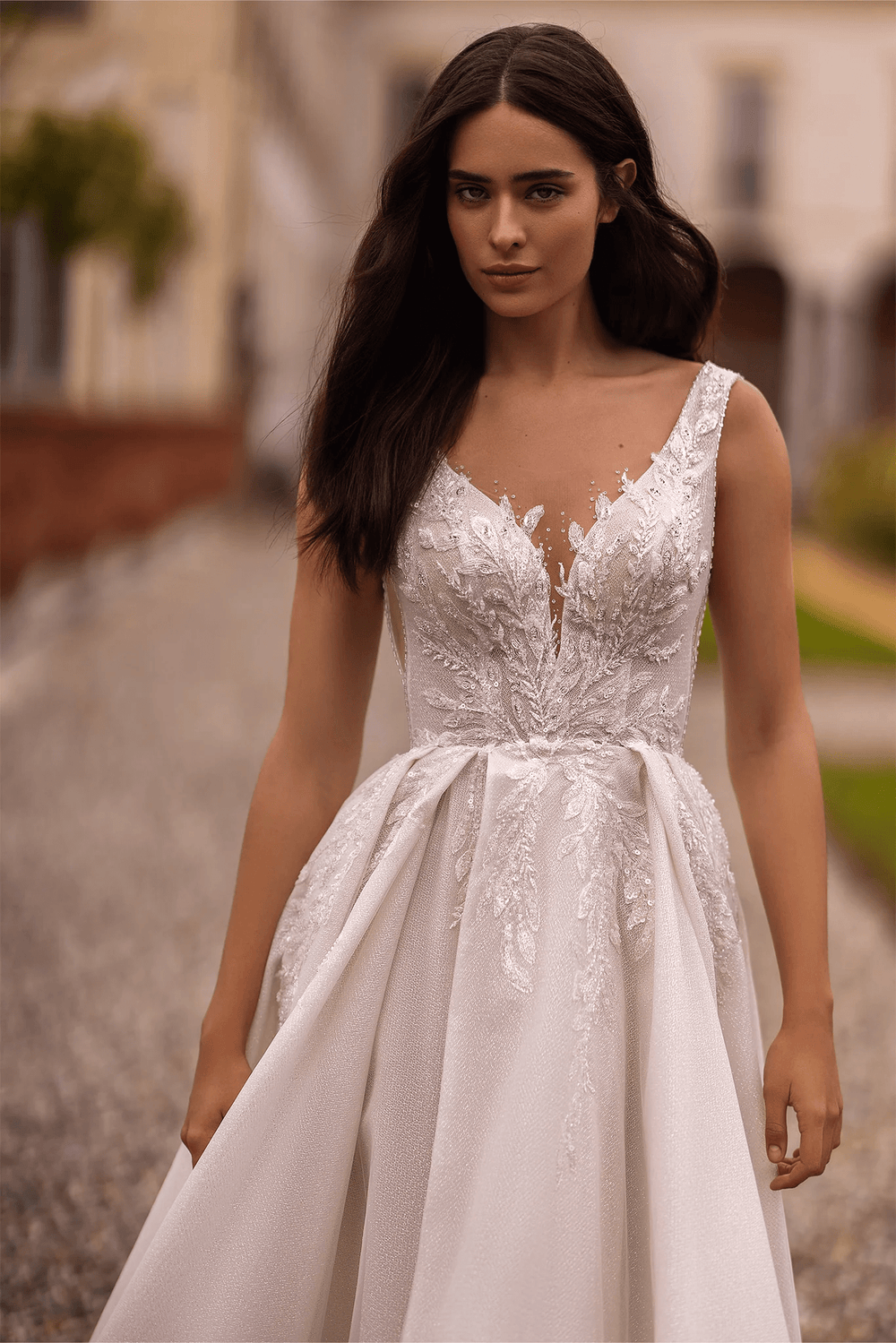 Ivory Lace A - Line Wedding Dress with Sleeveless V - Neck Bodice and Sparkling Train – Embellished Gown with Sheer Skirt and High Slit Plus Size - WonderlandByLilian