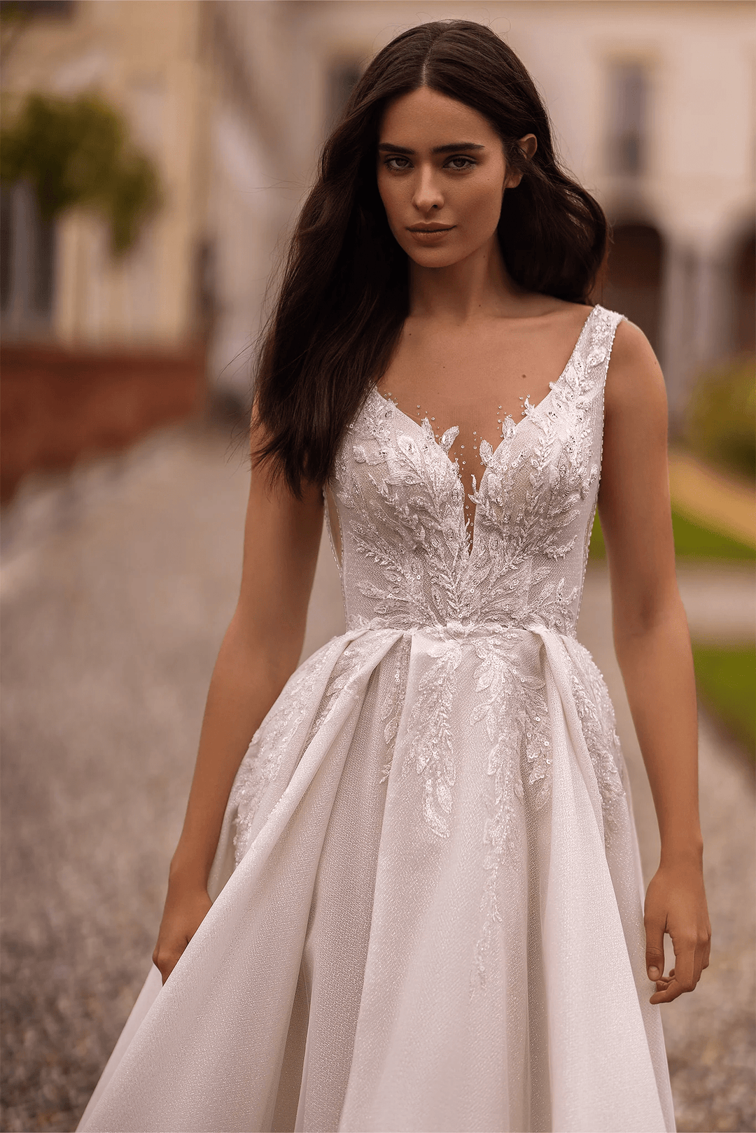 Ivory Lace A - Line Wedding Dress with Sleeveless V - Neck Bodice and Sparkling Train – Embellished Gown with Sheer Skirt and High Slit Plus Size - WonderlandByLilian