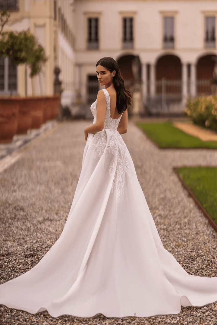 Ivory Lace A - Line Wedding Dress with Sleeveless V - Neck Bodice and Sparkling Train – Embellished Gown with Sheer Skirt and High Slit Plus Size - WonderlandByLilian
