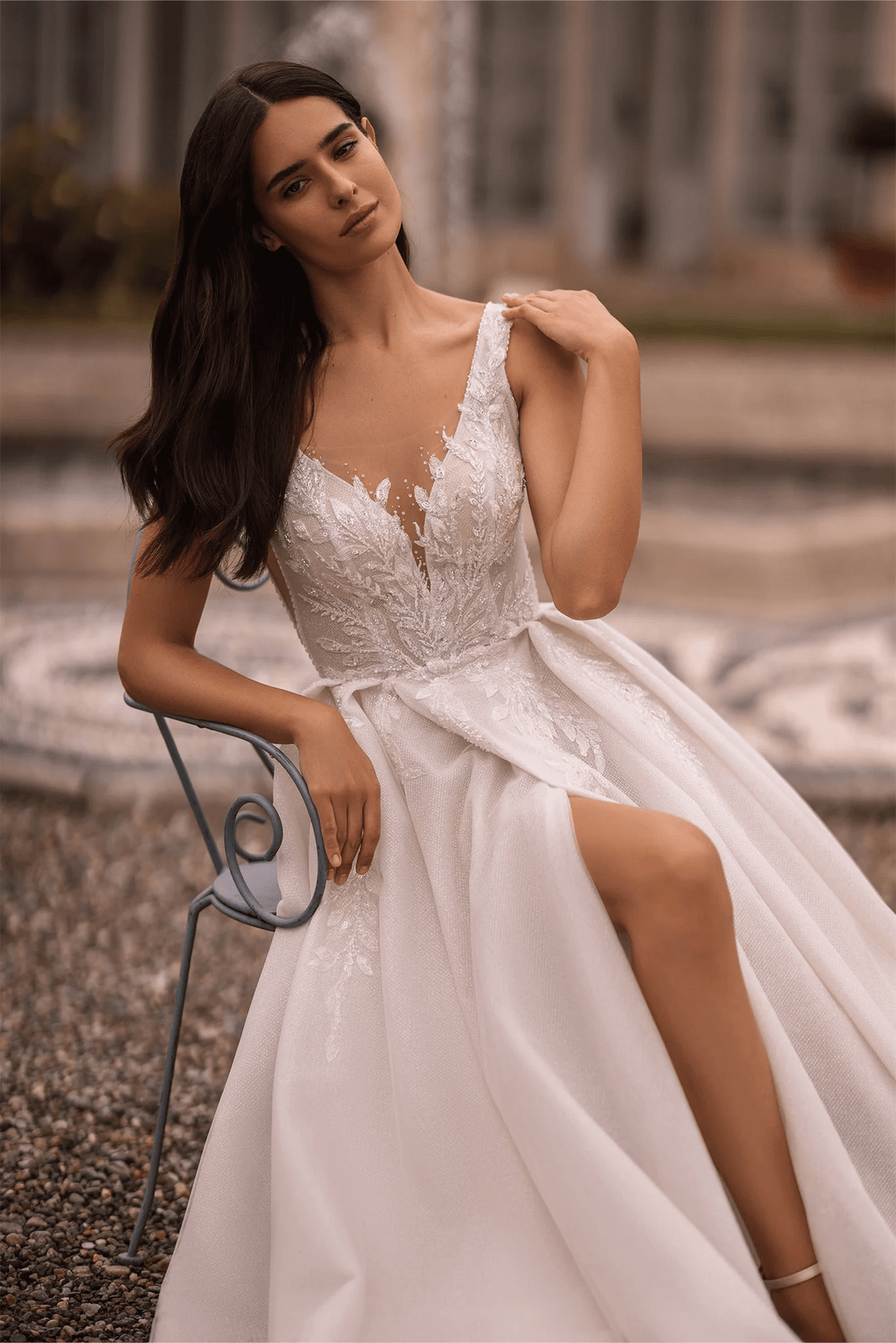 Ivory Lace A - Line Wedding Dress with Sleeveless V - Neck Bodice and Sparkling Train – Embellished Gown with Sheer Skirt and High Slit Plus Size - WonderlandByLilian