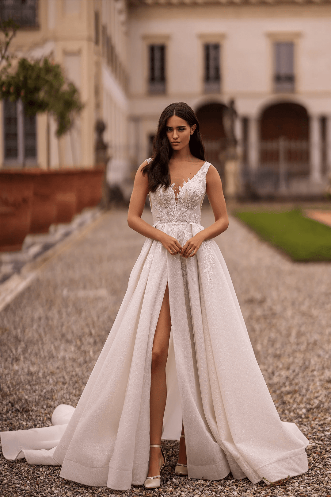 Ivory Lace A - Line Wedding Dress with Sleeveless V - Neck Bodice and Sparkling Train – Embellished Gown with Sheer Skirt and High Slit Plus Size - WonderlandByLilian