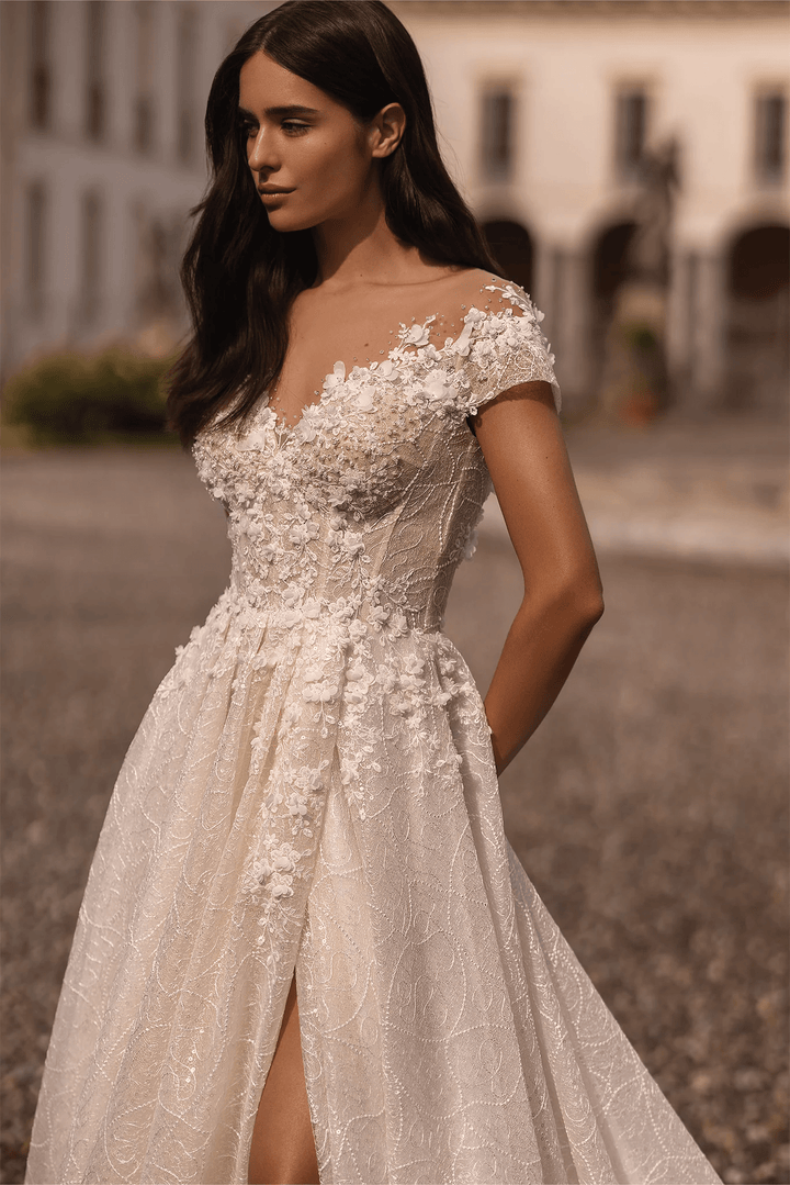 Ivory Lace A - Line Wedding Dress with Thigh Slit and V - Neck – Floral Wedding Dress with Off - Shoulder Plus Size - WonderlandByLilian