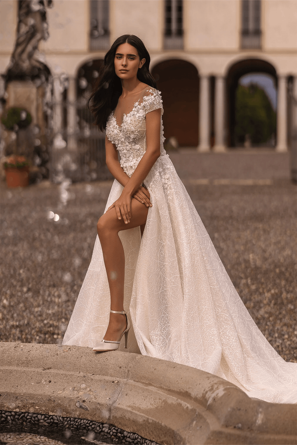 Ivory Lace A - Line Wedding Dress with Thigh Slit and V - Neck – Floral Wedding Dress with Off - Shoulder Plus Size - WonderlandByLilian