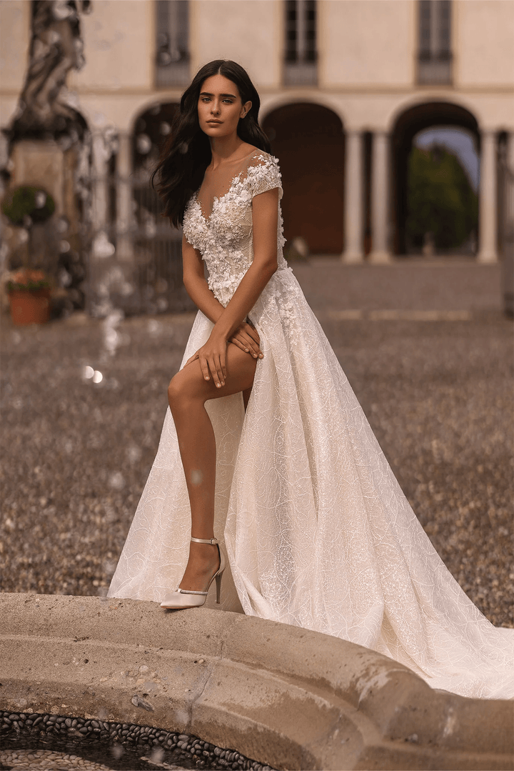 Ivory Lace A - Line Wedding Dress with Thigh Slit and V - Neck – Floral Wedding Dress with Off - Shoulder Plus Size - WonderlandByLilian