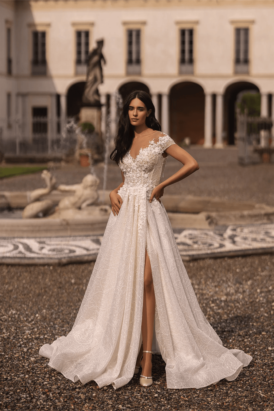 Ivory Lace A - Line Wedding Dress with Thigh Slit and V - Neck – Floral Wedding Dress with Off - Shoulder Plus Size - WonderlandByLilian