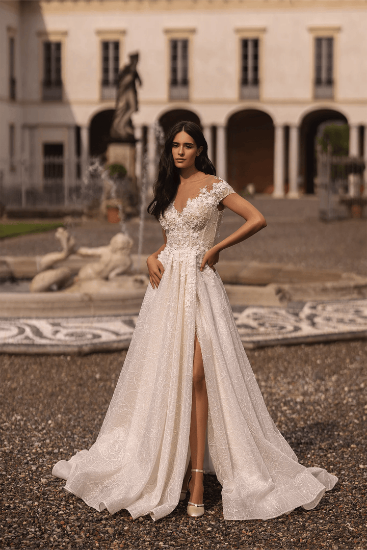 Ivory Lace A - Line Wedding Dress with Thigh Slit and V - Neck – Floral Wedding Dress with Off - Shoulder Plus Size - WonderlandByLilian