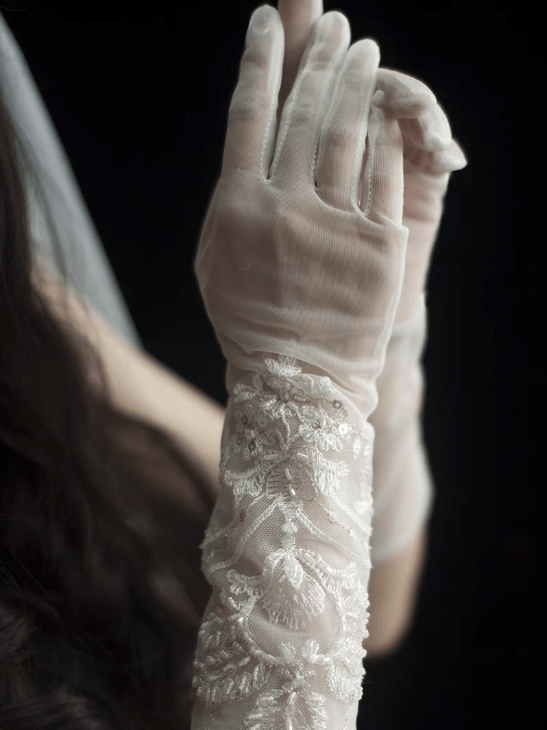 Ivory Lace Embroidered Wedding Gloves - Elegant Bridal Accessory - WonderlandByLilian