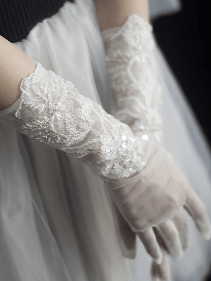 Ivory Lace Embroidered Wedding Gloves - Elegant Bridal Accessory - WonderlandByLilian