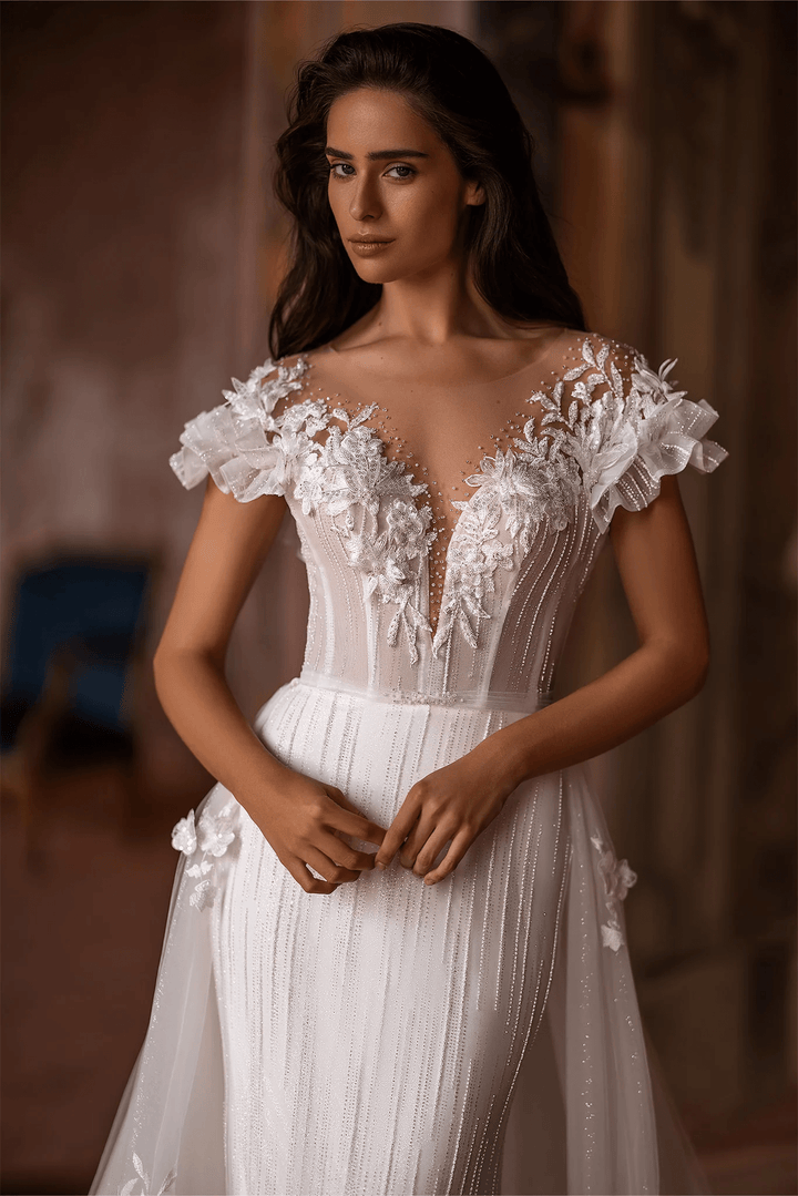 Ivory Lace Floral Wedding Dress with Puffed Sleeves and Convertible Train – Tulle Mermaid Wedding Gown with Flower Embellishments Plus Size - WonderlandByLilian