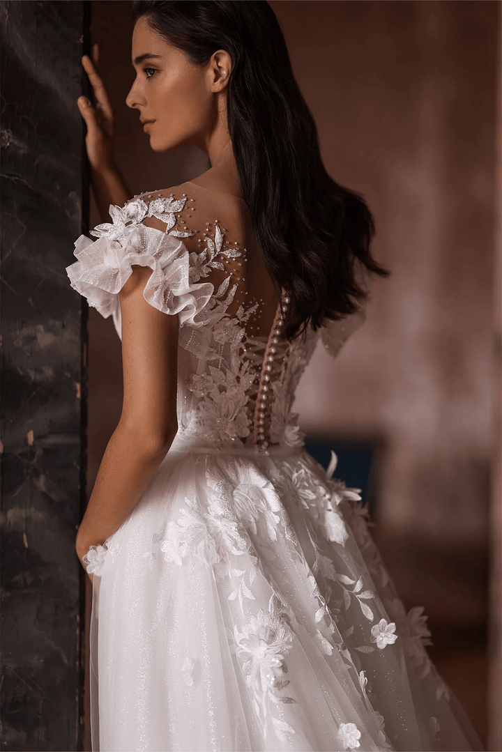 Ivory Lace Floral Wedding Dress with Puffed Sleeves and Convertible Train – Tulle Mermaid Wedding Gown with Flower Embellishments Plus Size - WonderlandByLilian