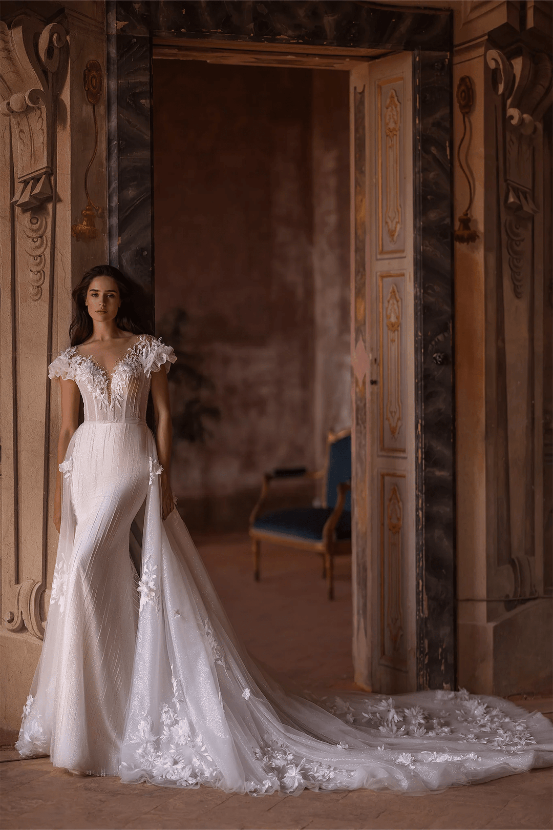 Ivory Lace Floral Wedding Dress with Puffed Sleeves and Convertible Train – Tulle Mermaid Wedding Gown with Flower Embellishments Plus Size - WonderlandByLilian