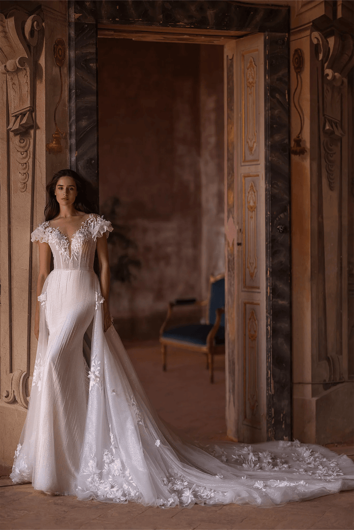Ivory Lace Floral Wedding Dress with Puffed Sleeves and Convertible Train – Tulle Mermaid Wedding Gown with Flower Embellishments Plus Size - WonderlandByLilian