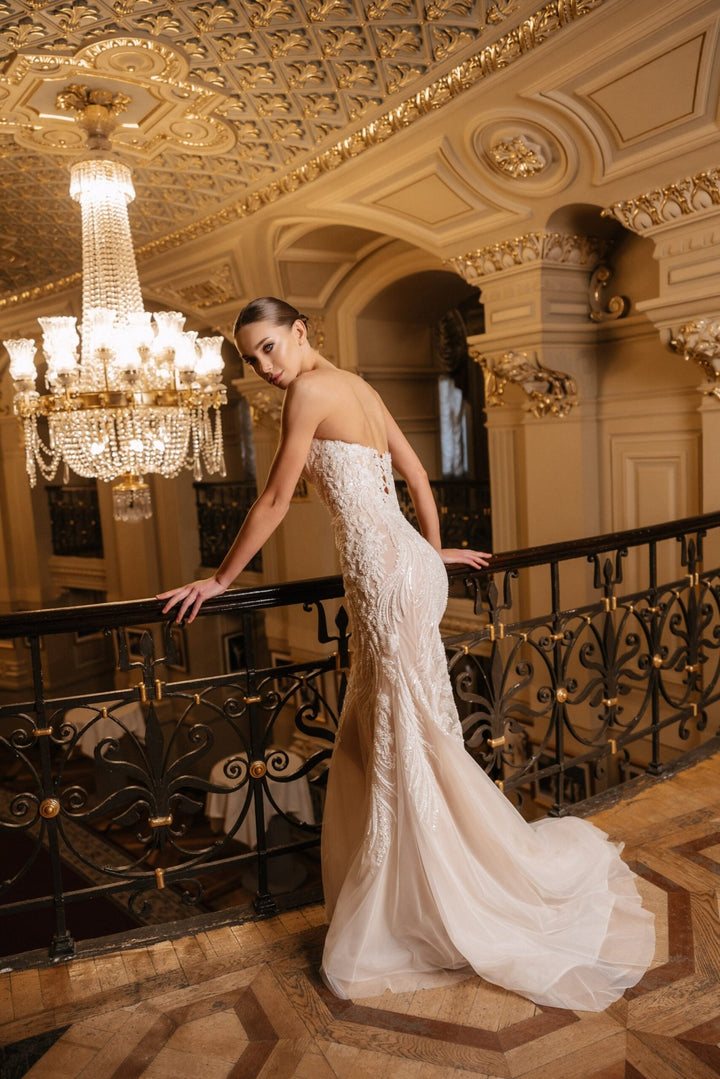 Ivory Lace Mermaid Style Wedding Gown with Cape – Sequin Wedding Dress with Sleeveless and Corset Plus Size – GABRIELLE - WonderlandByLilian