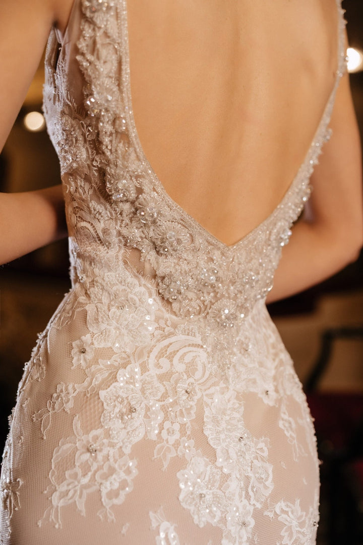 Ivory Lace Mermaid Wedding Dress with Open Back – Sleeveless Wedding Dress with Deep Neckline Plus Size – KIMBERLY - WonderlandByLilian