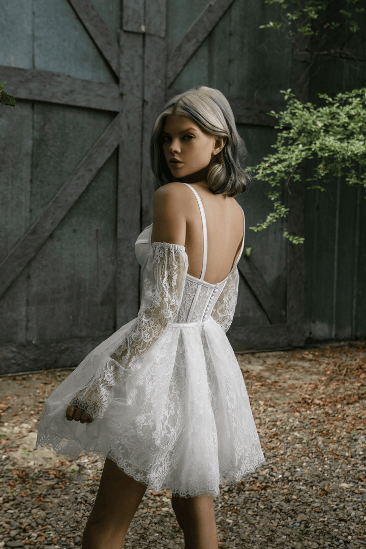 Ivory Lace Mini Wedding Dress with Satin Ribbon Corset – Wedding Reception Mini Dress with Convertible Lace Sleeves Plus Size - Molly - WonderlandByLilian