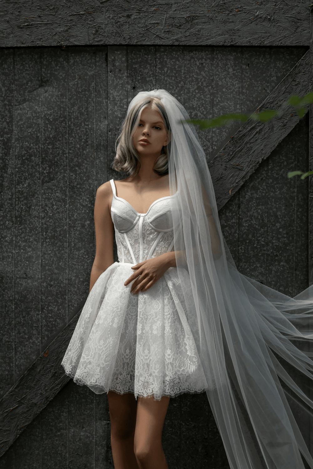 Ivory Lace Mini Wedding Dress with Satin Ribbon Corset – Wedding Reception Mini Dress with Convertible Lace Sleeves Plus Size - Molly - WonderlandByLilian