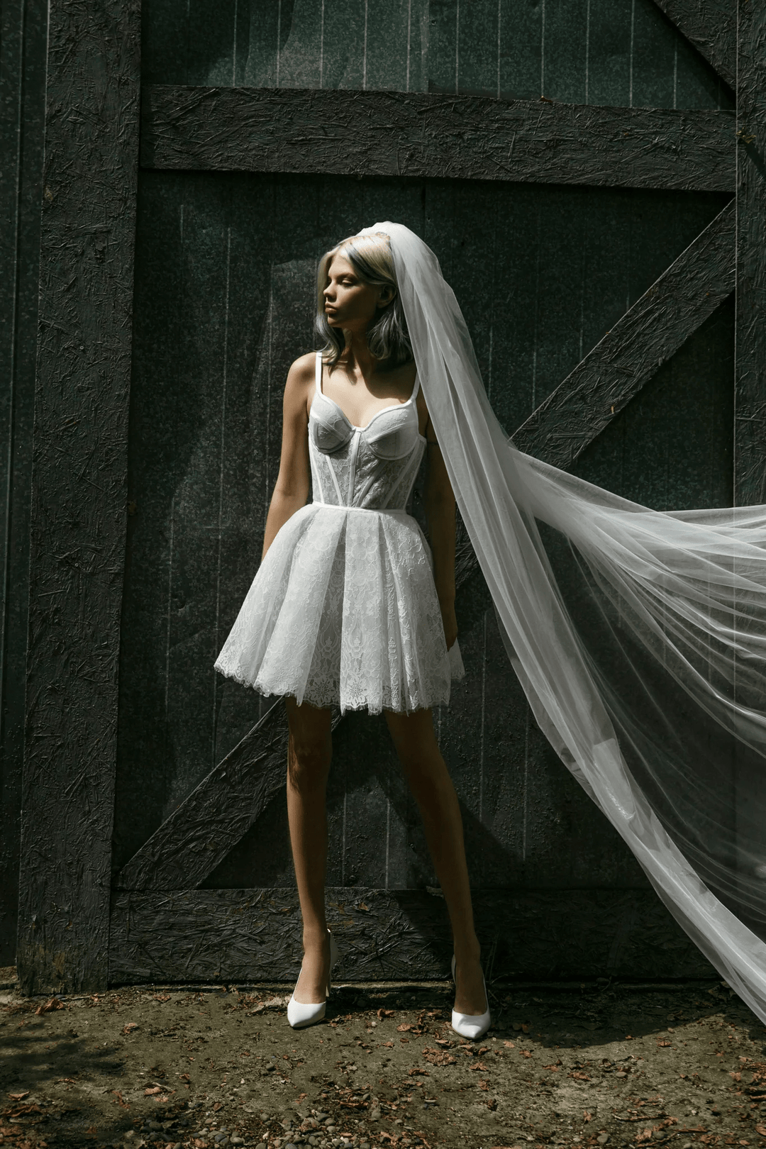 Ivory Lace Mini Wedding Dress with Satin Ribbon Corset – Wedding Reception Mini Dress with Convertible Lace Sleeves Plus Size - Molly - WonderlandByLilian