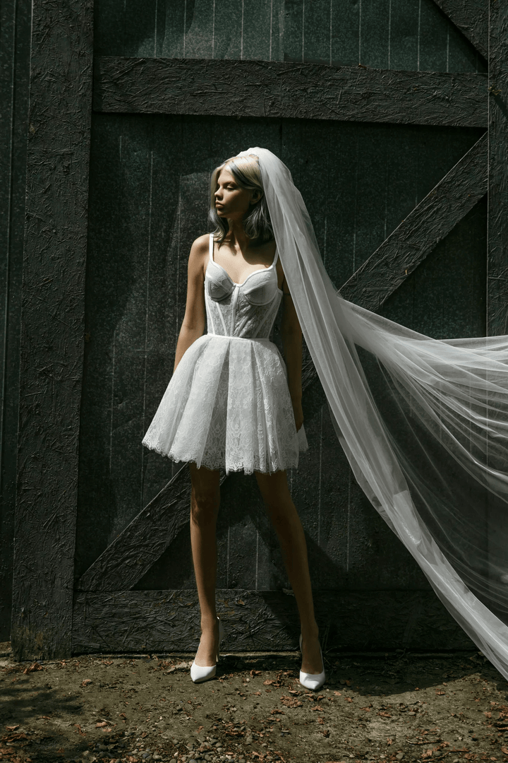 Ivory Lace Mini Wedding Dress with Satin Ribbon Corset – Wedding Reception Mini Dress with Convertible Lace Sleeves Plus Size - Molly - WonderlandByLilian