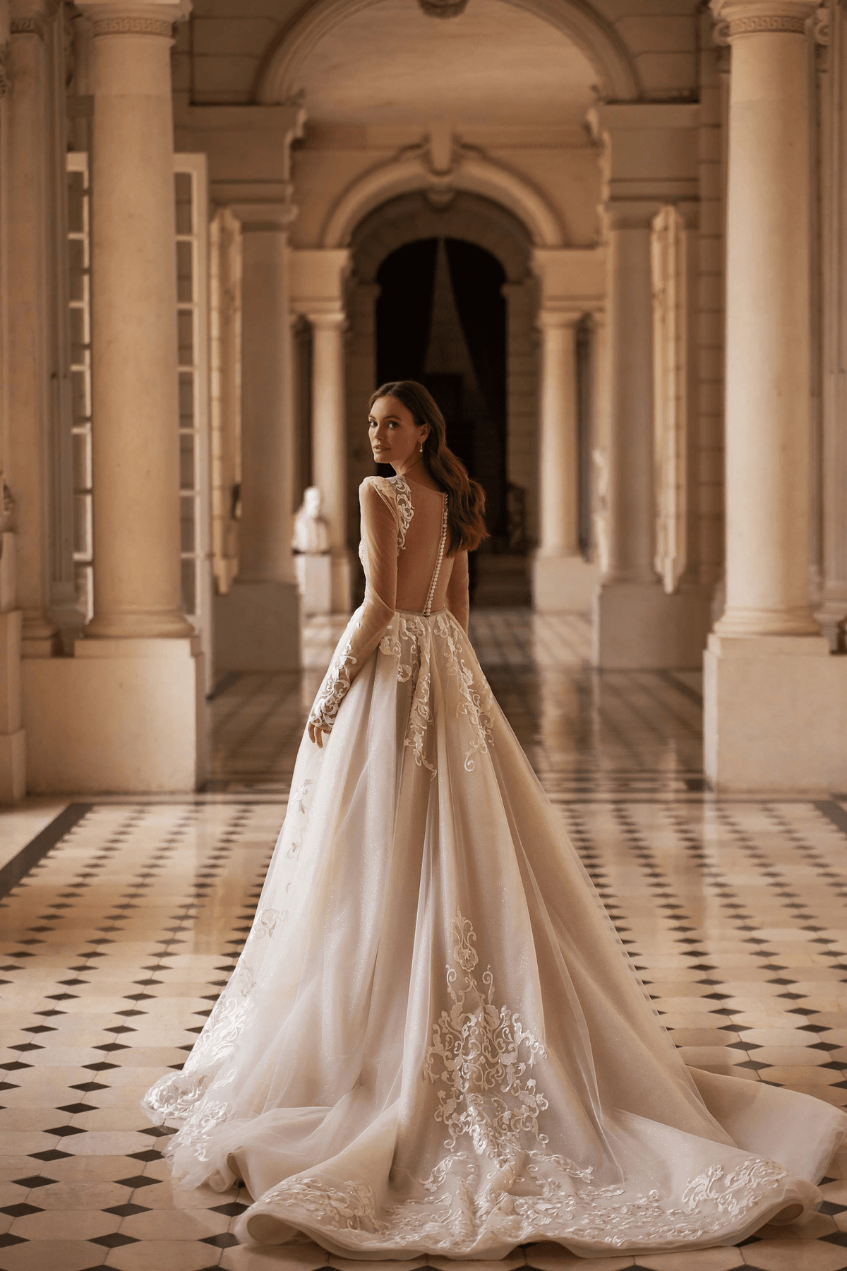 Ivory Lace Wedding Gown Long Sleeve - Aline Ball Gown Wedding Dress with Lace Bodice and Train