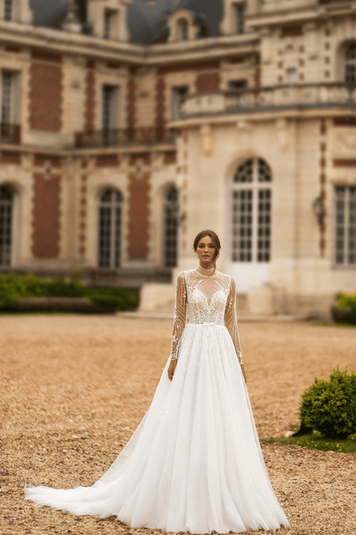 Ivory Lace Wedding Gown Long Sleeve - Aline Wedding Dress with lace sleeve and Modern Long Sleeve Wedding Dress Plus Size - WonderlandByLilian