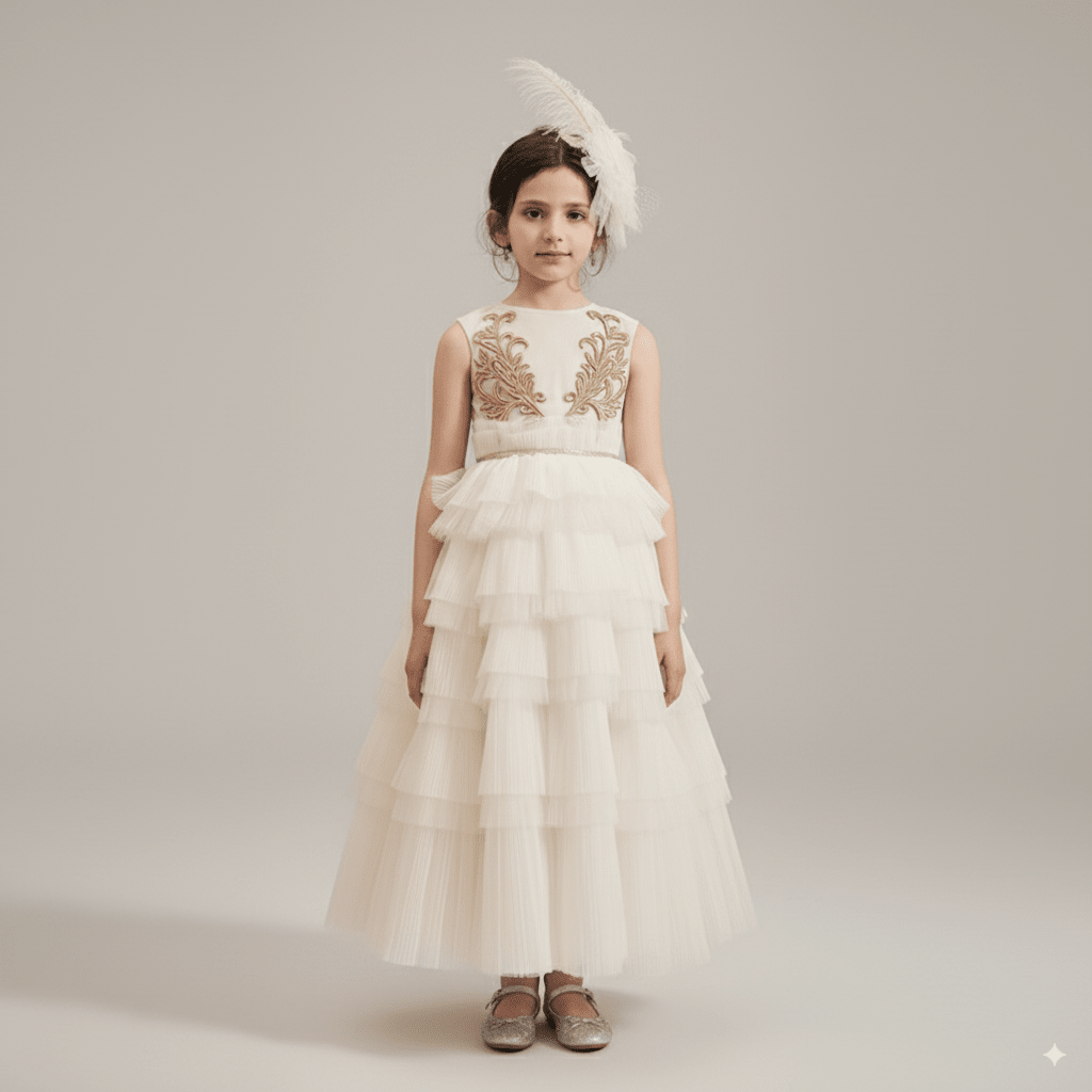 Ivory Layered Tulle Flower Girl Dress with Gold Embroidery – Special Occasion Flower Girl Dress Plus Size - WonderlandByLilian