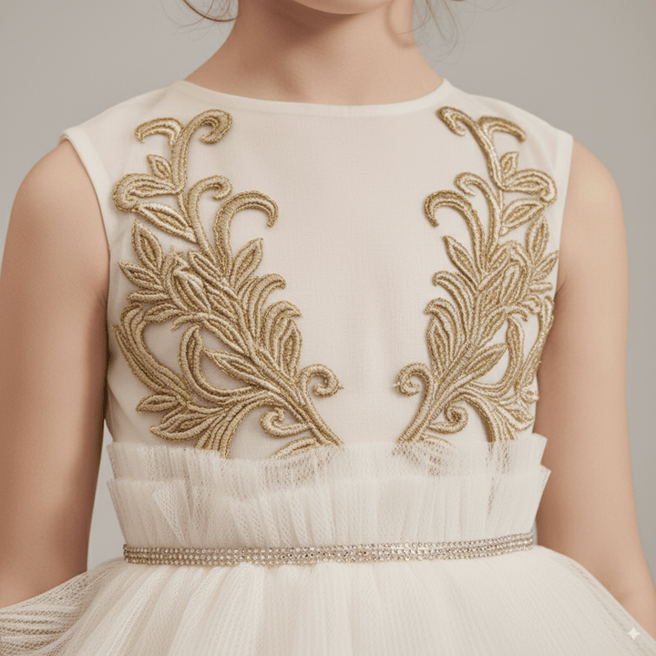 Ivory Layered Tulle Flower Girl Dress with Gold Embroidery – Special Occasion Flower Girl Dress Plus Size - WonderlandByLilian