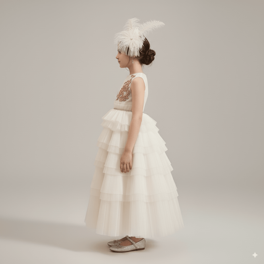 Ivory Layered Tulle Flower Girl Dress with Gold Embroidery – Special Occasion Flower Girl Dress Plus Size - WonderlandByLilian