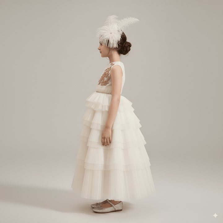 Ivory Layered Tulle Flower Girl Dress with Gold Embroidery – Special Occasion Flower Girl Dress Plus Size - WonderlandByLilian