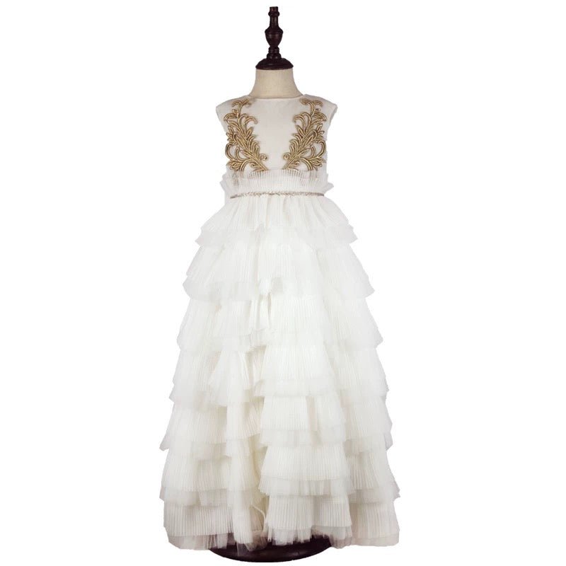 Ivory Layered Tulle Flower Girl Dress with Gold Embroidery – Special Occasion Flower Girl Dress Plus Size - WonderlandByLilian