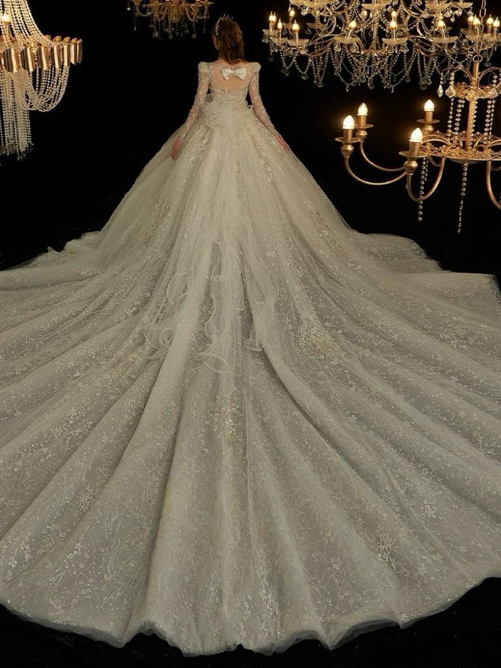 Ivory Long Sleeve Wedding Dress with Bow Back - Sparkly Wedding Dress with Cathedral Train - Wedding Dress with Embellishments Plus Size - WonderlandByLilian