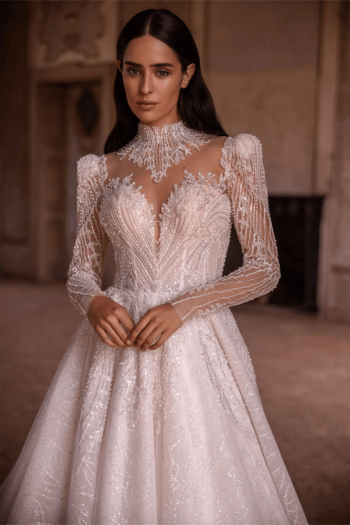 Ivory Long Sleeves Wedding Dress - Sparkly Ball Gown Wedding Dress with Jeweled Illusion Back – Embellished Gown with A - Line and Feminine Accents Plus Size - WonderlandByLilian
