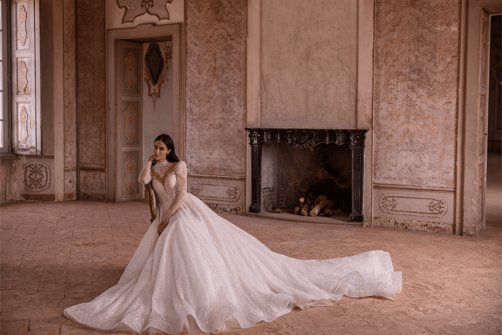 Ivory Long Sleeves Wedding Dress - Sparkly Ball Gown Wedding Dress with Jeweled Illusion Back – Embellished Gown with A - Line and Feminine Accents Plus Size - WonderlandByLilian