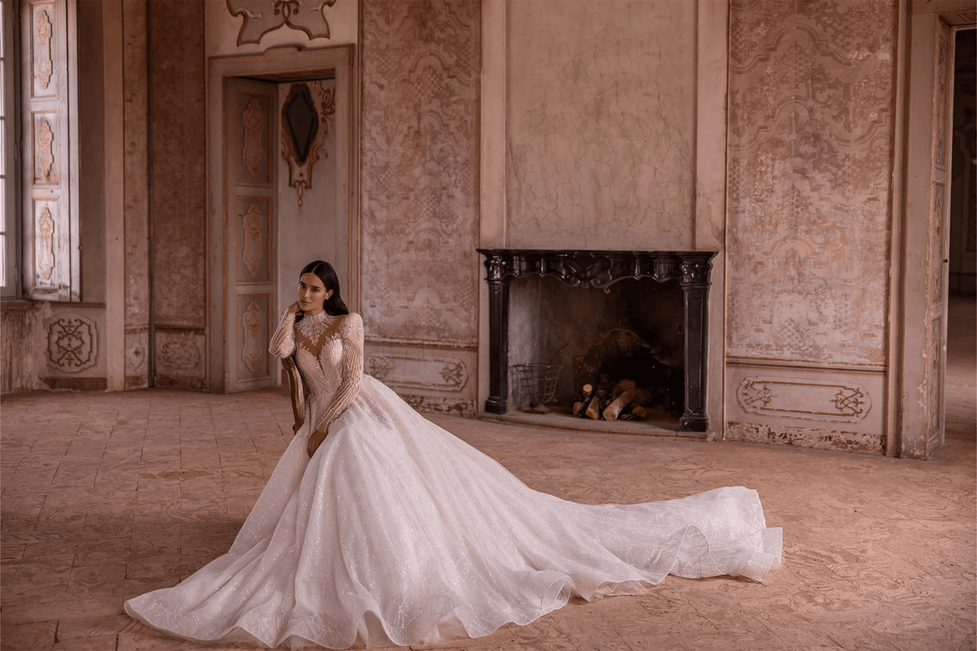 Ivory Long Sleeves Wedding Dress - Sparkly Ball Gown Wedding Dress with Jeweled Illusion Back – Embellished Gown with A - Line and Feminine Accents Plus Size - WonderlandByLilian