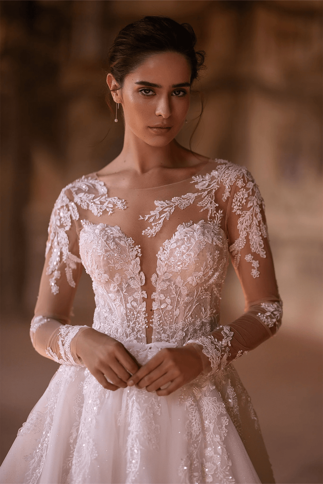 Ivory Long Sleeves Wedding Dress with V - Neck – Floral Wedding Dress with Flowing A - Line Skirt Plus Size - WonderlandByLilian