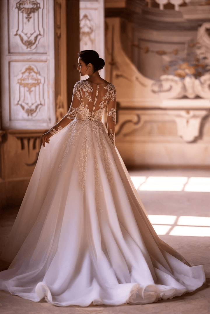 Ivory Long Sleeves Wedding Dress with V - Neck – Floral Wedding Dress with Flowing A - Line Skirt Plus Size - WonderlandByLilian