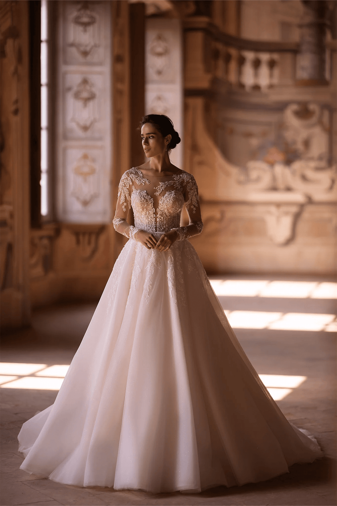 Ivory Long Sleeves Wedding Dress with V - Neck – Floral Wedding Dress with Flowing A - Line Skirt Plus Size - WonderlandByLilian