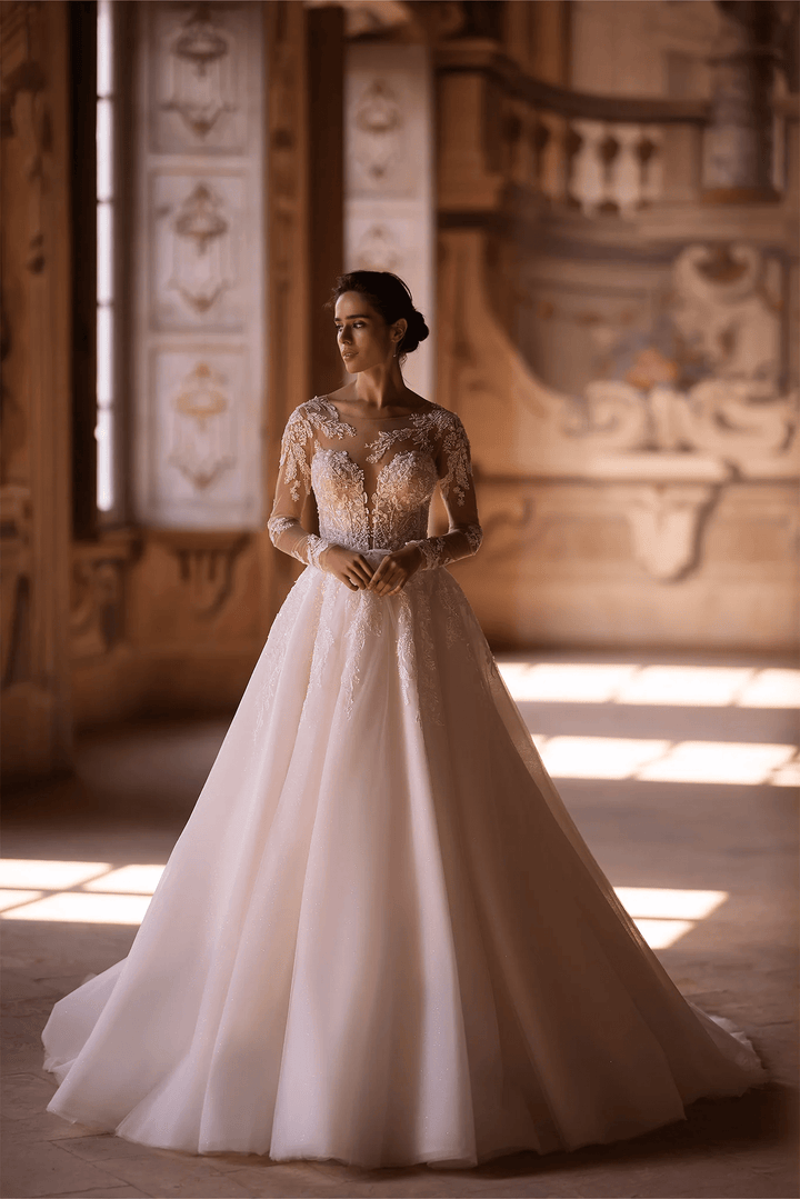 Ivory Long Sleeves Wedding Dress with V - Neck – Floral Wedding Dress with Flowing A - Line Skirt Plus Size - WonderlandByLilian