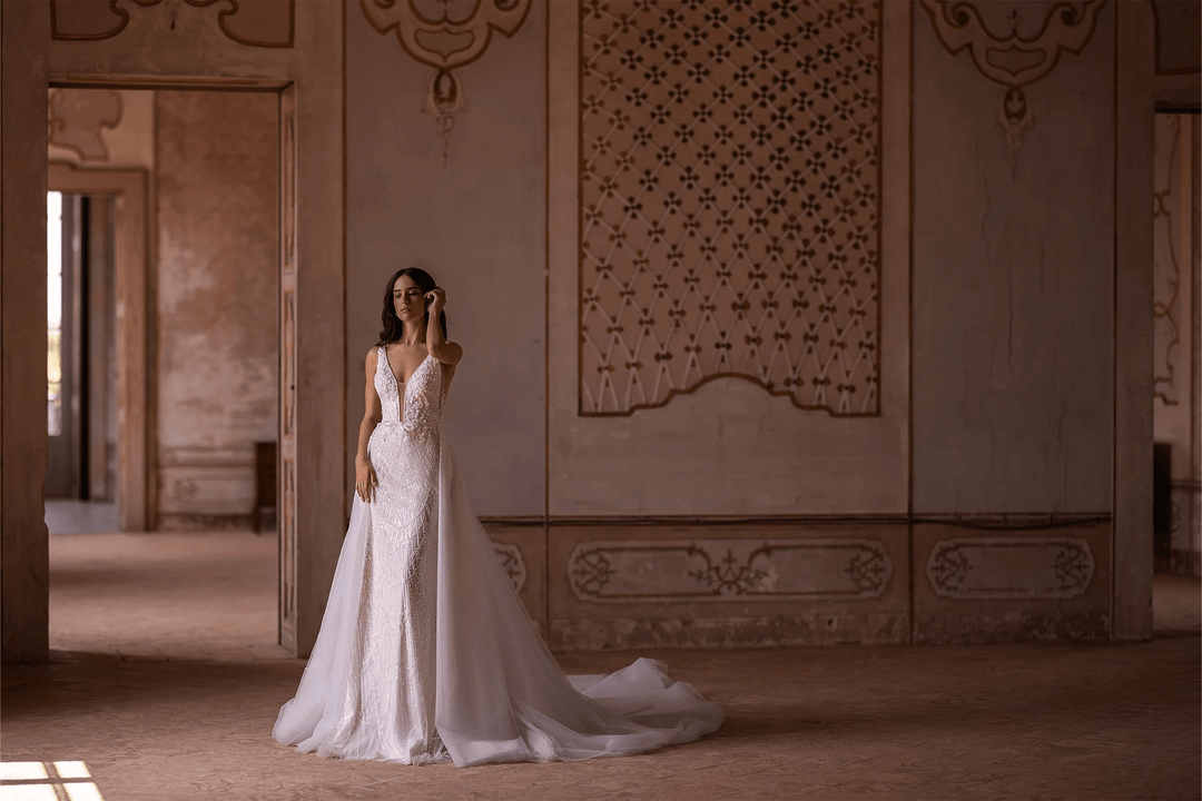 Ivory Mermaid Wedding Dress Beaded with Deep V - Neckline and Bow Detail – Convertible Wedding Gown with Sequin Plus Size - WonderlandByLilian