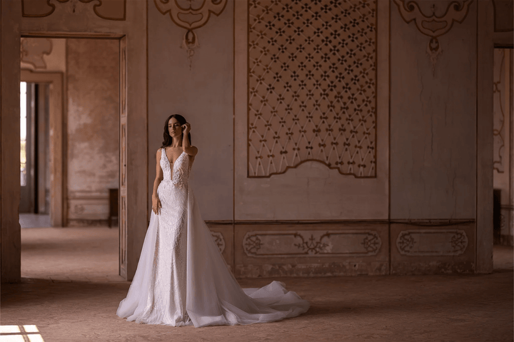 Ivory Mermaid Wedding Dress Beaded with Deep V - Neckline and Bow Detail – Convertible Wedding Gown with Sequin Plus Size - WonderlandByLilian