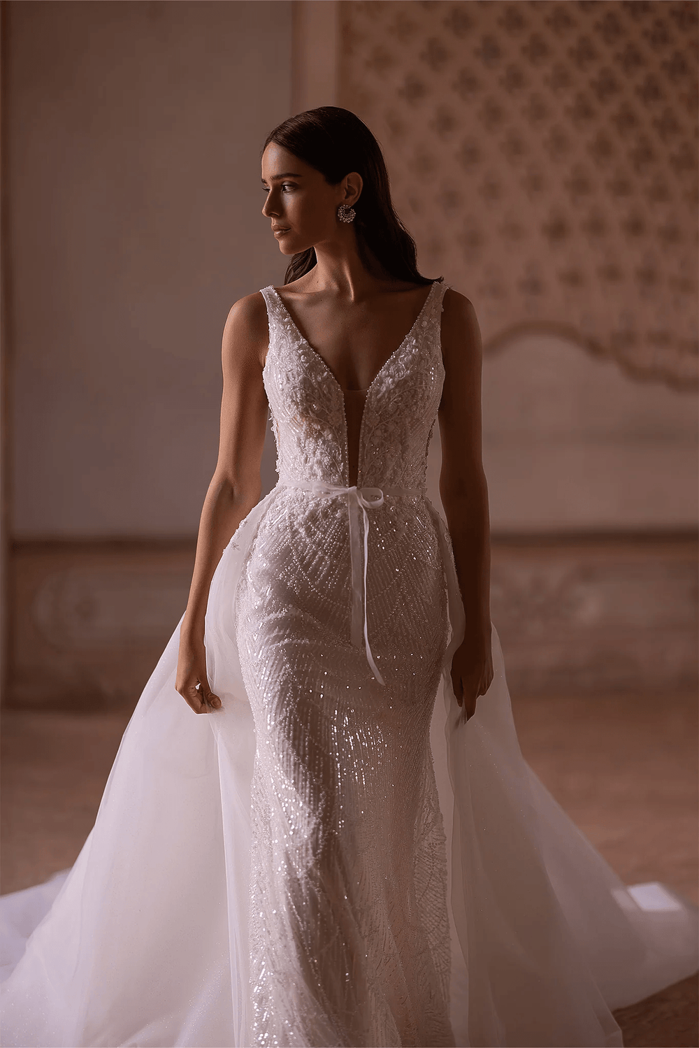 Ivory Mermaid Wedding Dress Beaded with Deep V - Neckline and Bow Detail – Convertible Wedding Gown with Sequin Plus Size - WonderlandByLilian